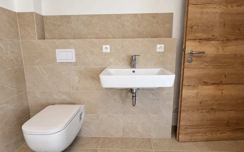 Modernes Badezimmer mit WC, Waschbecken und hellen Fliesen