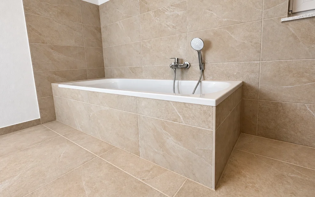 Badewanne mit Handbrause und heller Fliesenverkleidung