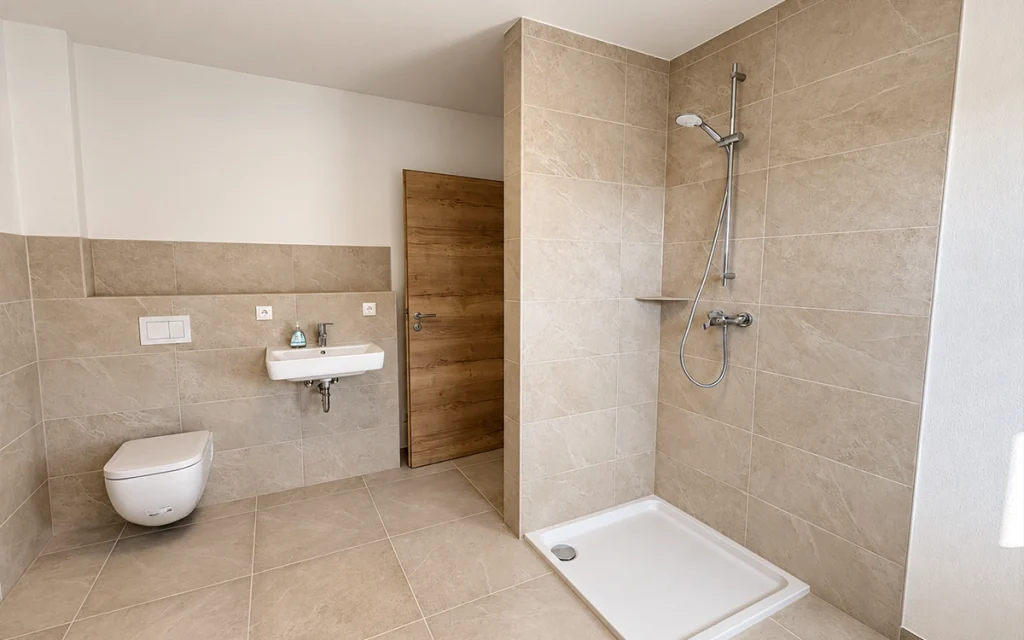 Modernes Badezimmer mit Dusche, WC und hellen Fliesen