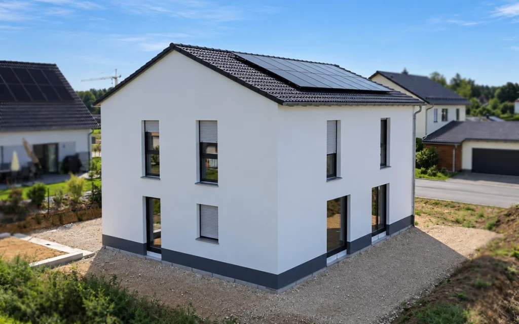 Modernes zweigeschossiges Einfamilienhaus mit Satteldach und Photovoltaikanlage