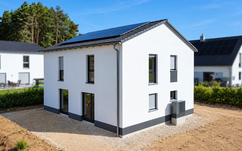 Modernes zweigeschossiges Einfamilienhaus mit Satteldach und Wärmepumpe