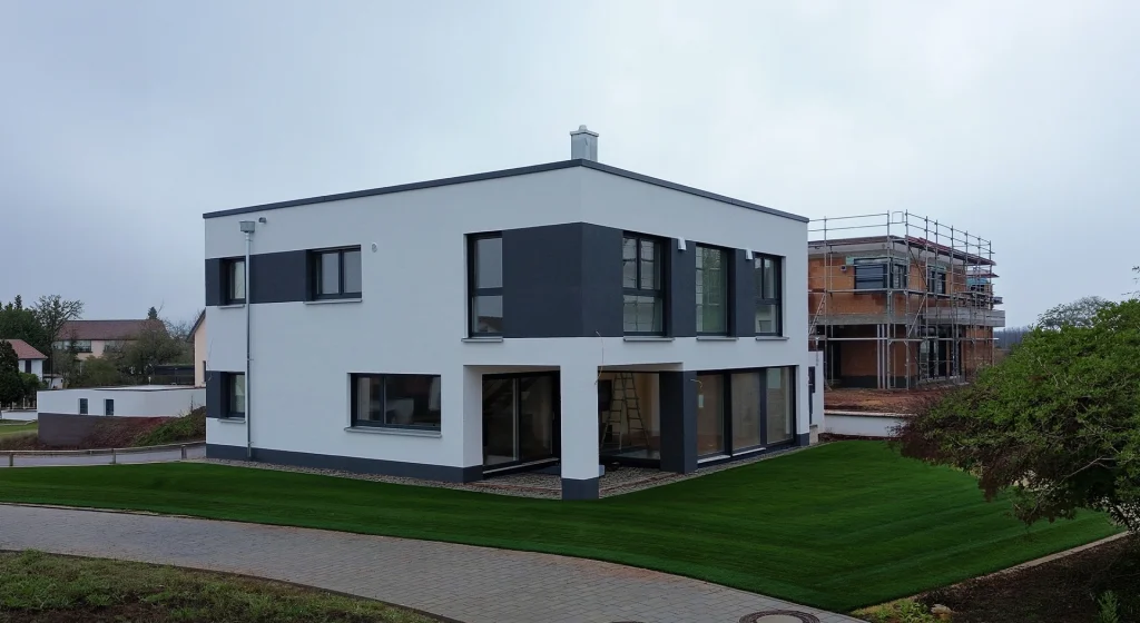 Modernes, kubisches Einfamilienhaus mit Flachdach, klaren Linien und kontrastreicher Fassadengestaltung in Weiß und Anthrazit.