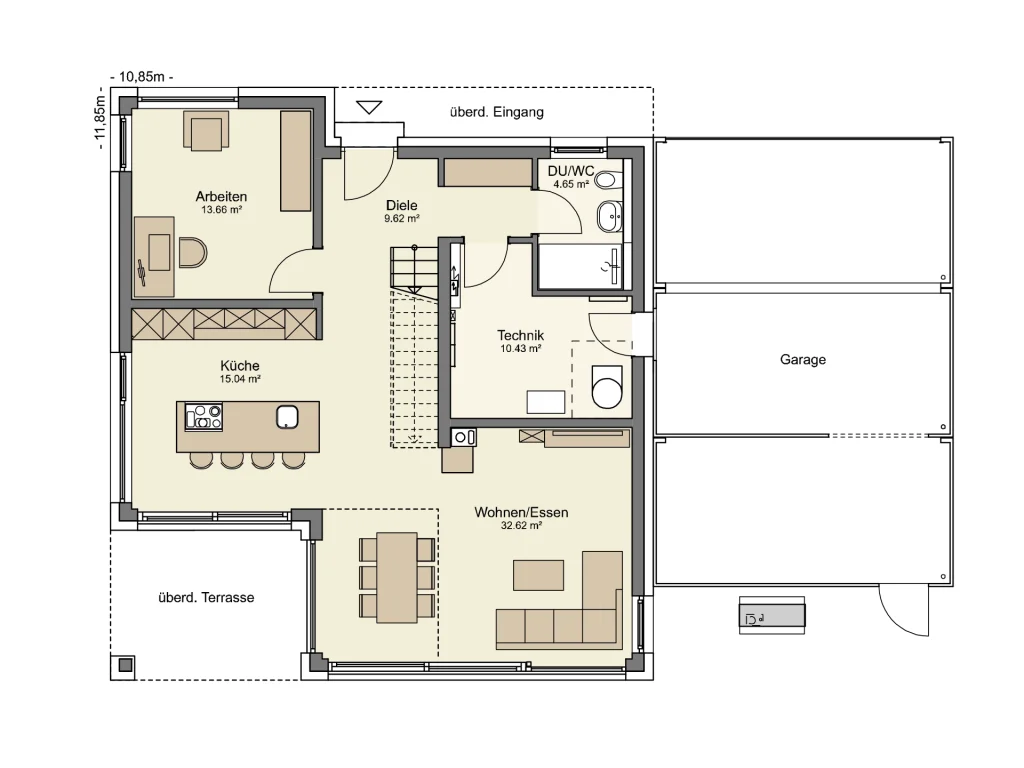 Grundriss Erdgeschoss mit offenem Wohn-/Essbereich, großzügiger Küche, separatem Arbeitszimmer, Technikraum sowie direktem Zugang zur Garage und überdachter Terrasse.