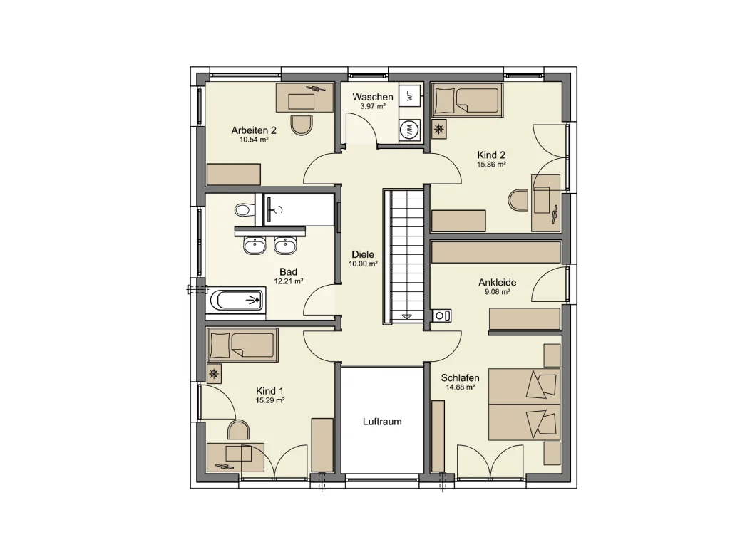 Grundriss Obergeschoss mit drei Schlafzimmern, separater Ankleide, großem Bad, Hauswirtschaftsraum sowie offenem Luftraum zur darunterliegenden Ebene.